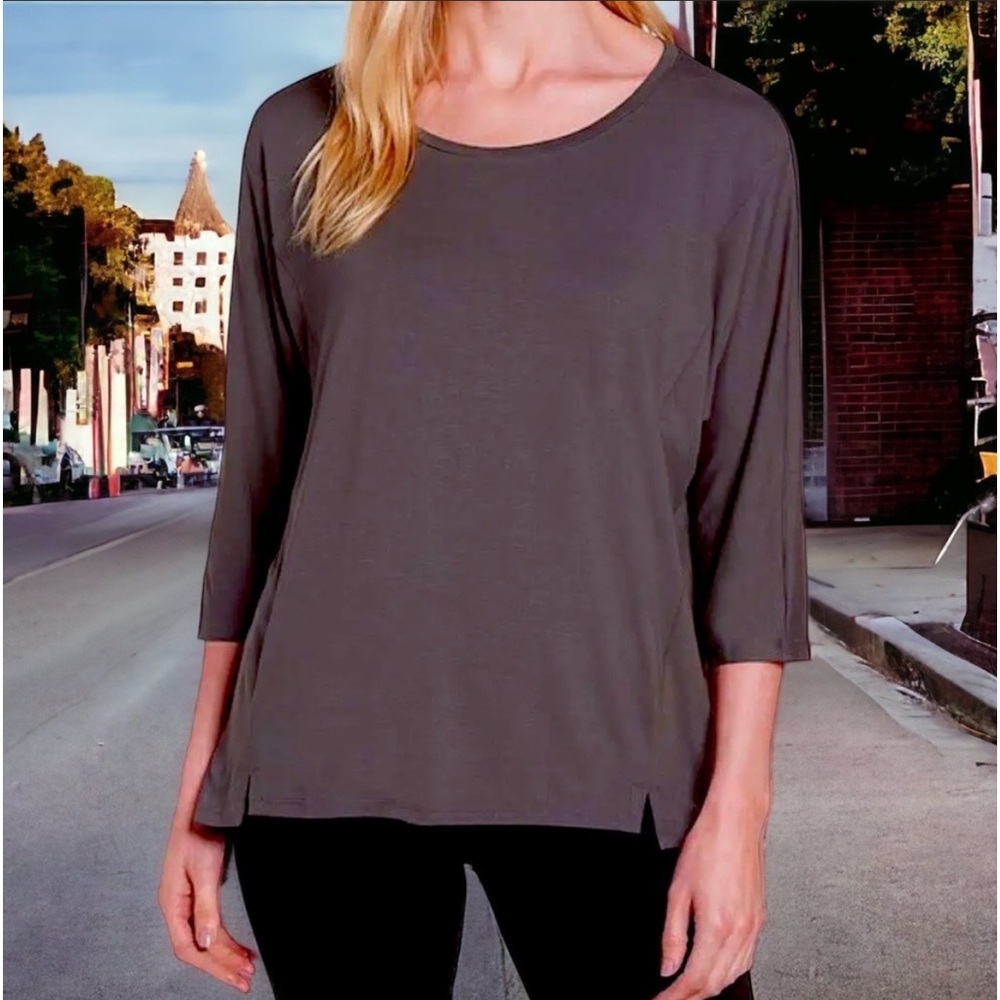 Eileen Fisher VINTAGE Top Jersey Ballet Neck XSmall 2 4 Bark Notched Hem NWT